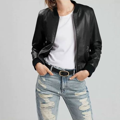 Women's Black Cropped Leather Bomber Jacket
