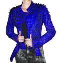 Women Motorcycle Punk Heavy Metal Spiked Tonal Black Studded Red Leather Jacket - Shearling leather