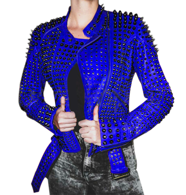 Women blue studded leather jacket,Stylish Jacket - Shearling leather