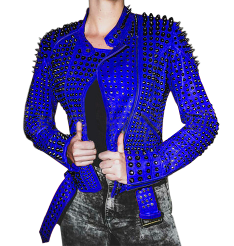 Women blue studded leather jacket,Stylish Jacket - Shearling leather