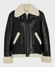 Load image into Gallery viewer, Black B3 Women’s Ivory Aviator Shearling Bomber Leather Jacket
