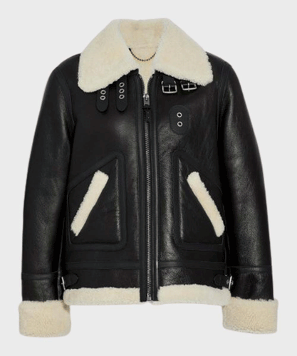 Black B3 Women’s Ivory Aviator Shearling Bomber Leather Jacket