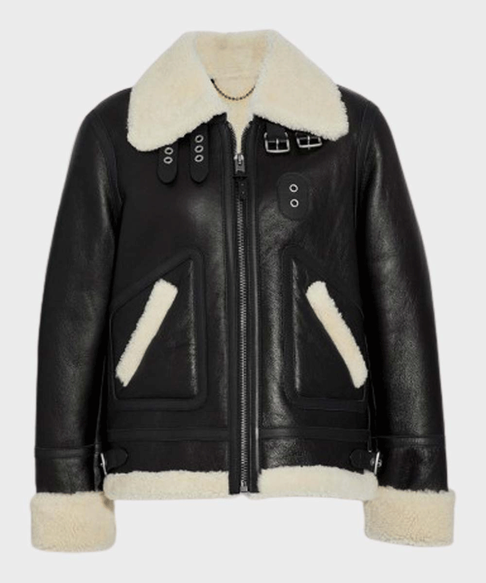 Black B3 Women’s Ivory Aviator Shearling Bomber Leather Jacket