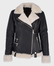 Load image into Gallery viewer, Womens Black Motorcycle Shearling Leather Jacket

