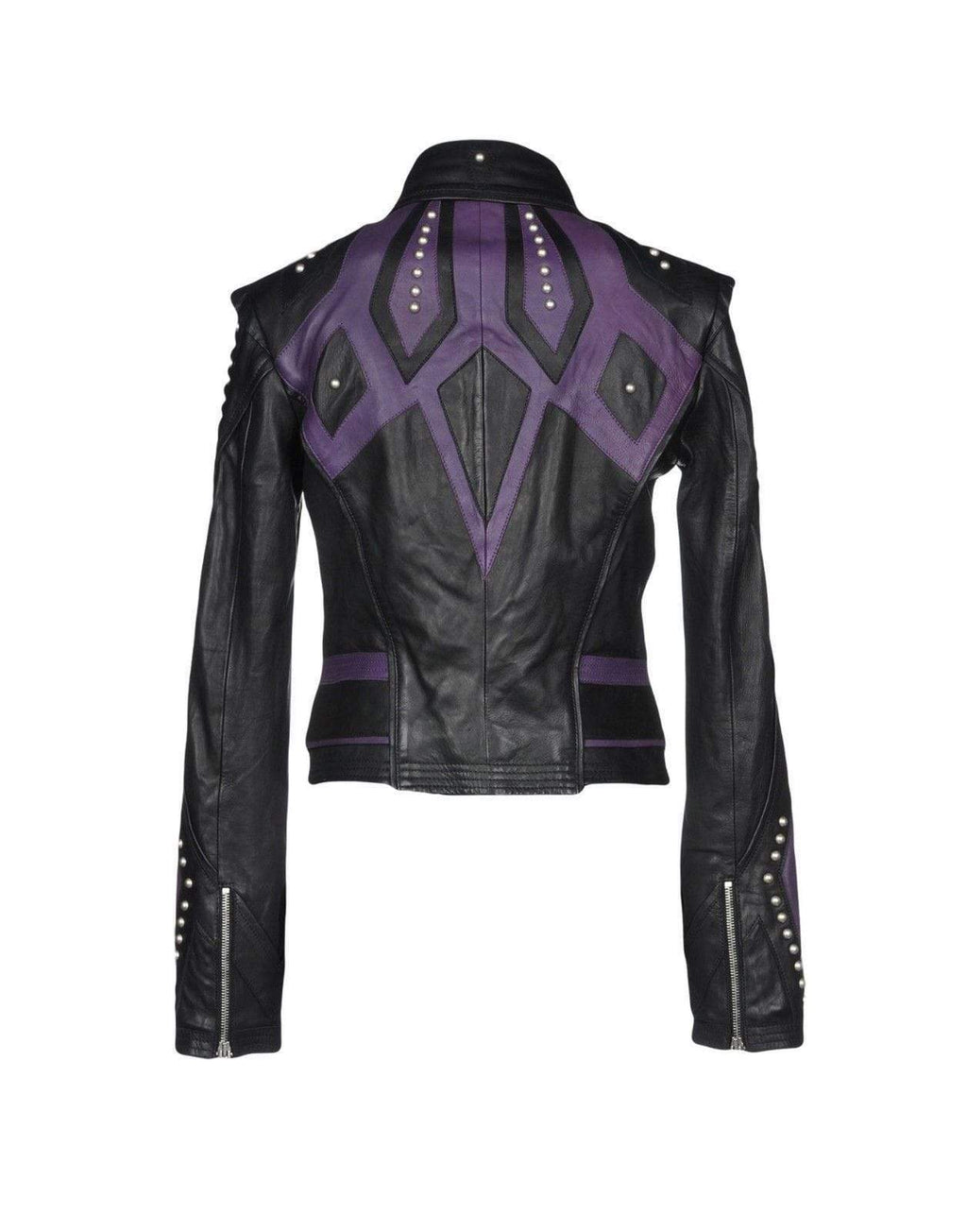 Women's Burnished Two Tone Black Purple Leather Silver Small Studs Jacket - Shearling leather