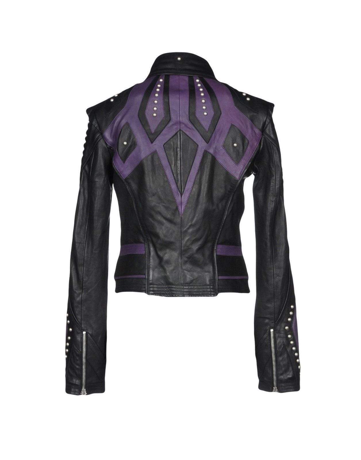 Women's Burnished Two Tone Black Purple Leather Silver Small Studs Jacket - Shearling leather