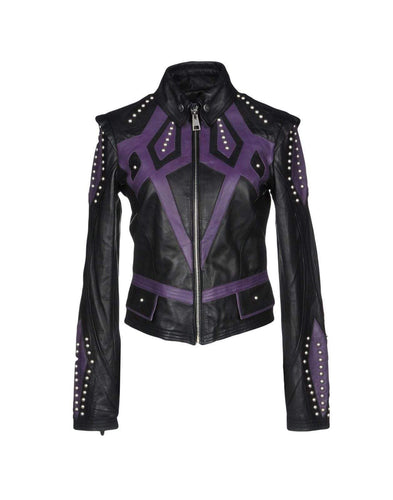 Women's Burnished Two Tone Black Purple Leather Silver Small Studs Jacket - Shearling leather