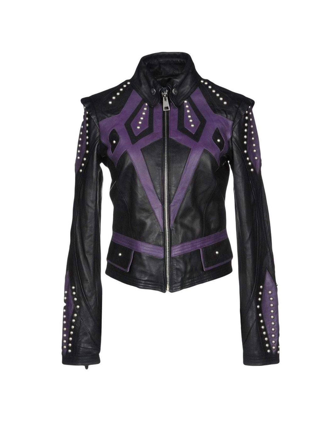 Women's Burnished Two Tone Black Purple Leather Silver Small Studs Jacket - Shearling leather