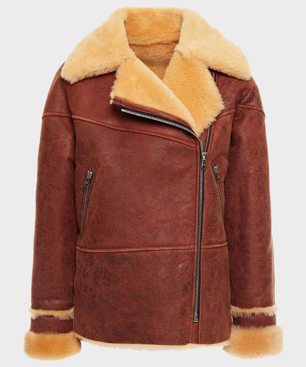 Classic Distressed Brown Shearling Leather Jacket for Womens