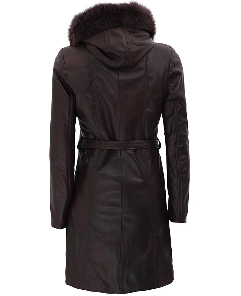 Dark Brown Leather Coat for Women With Removable Fur Hood