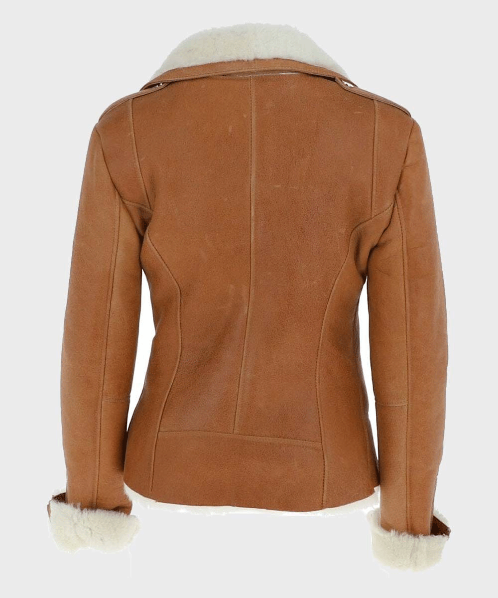 Women’s Asymmetrical Sheepskin Leather Tan Brown Shearling Jacket