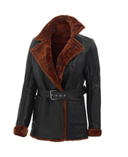 Load image into Gallery viewer, Womens Black Double Breasted 3 4 Length Shearling Leather Coat
