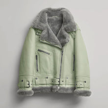 Load image into Gallery viewer, Women Green RAF Aviator  Styled Sheepskin Shearling Leather Jacket
