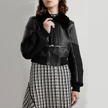 Load image into Gallery viewer, Women Black Shearling-trimmed textured-leather bomber jacket
