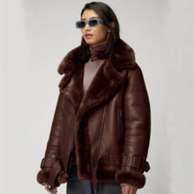 Load image into Gallery viewer, Women Brown Aviator Styled Sheepskin Shearling Leather Jacket
