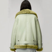 Load image into Gallery viewer, Women Light Green Aviator Styled Sheepskin Shearling Leather Jacket
