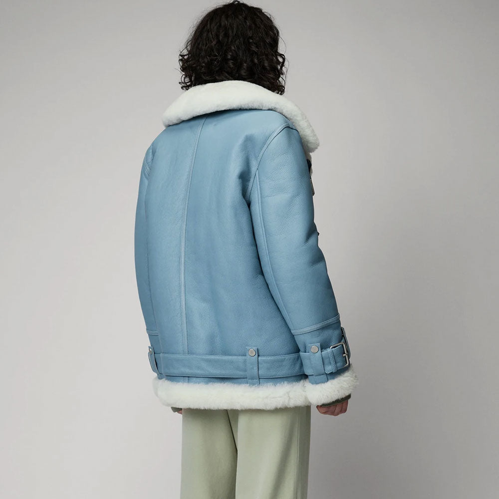 Women Light Blue B3 RAF Aviator Styled Sheepskin Shearling Leather Jac