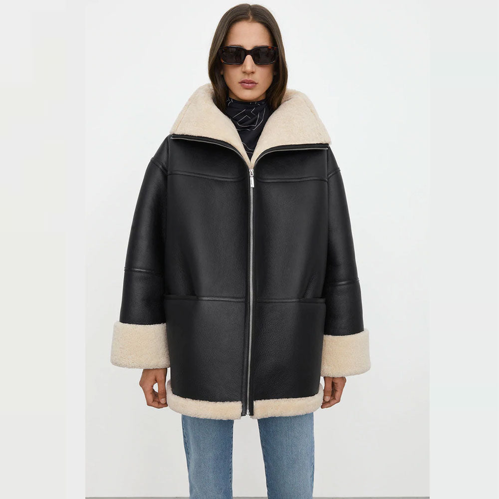 women black sheepskin leather jacket