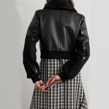 Load image into Gallery viewer, Women Black Shearling-trimmed textured-leather bomber jacket
