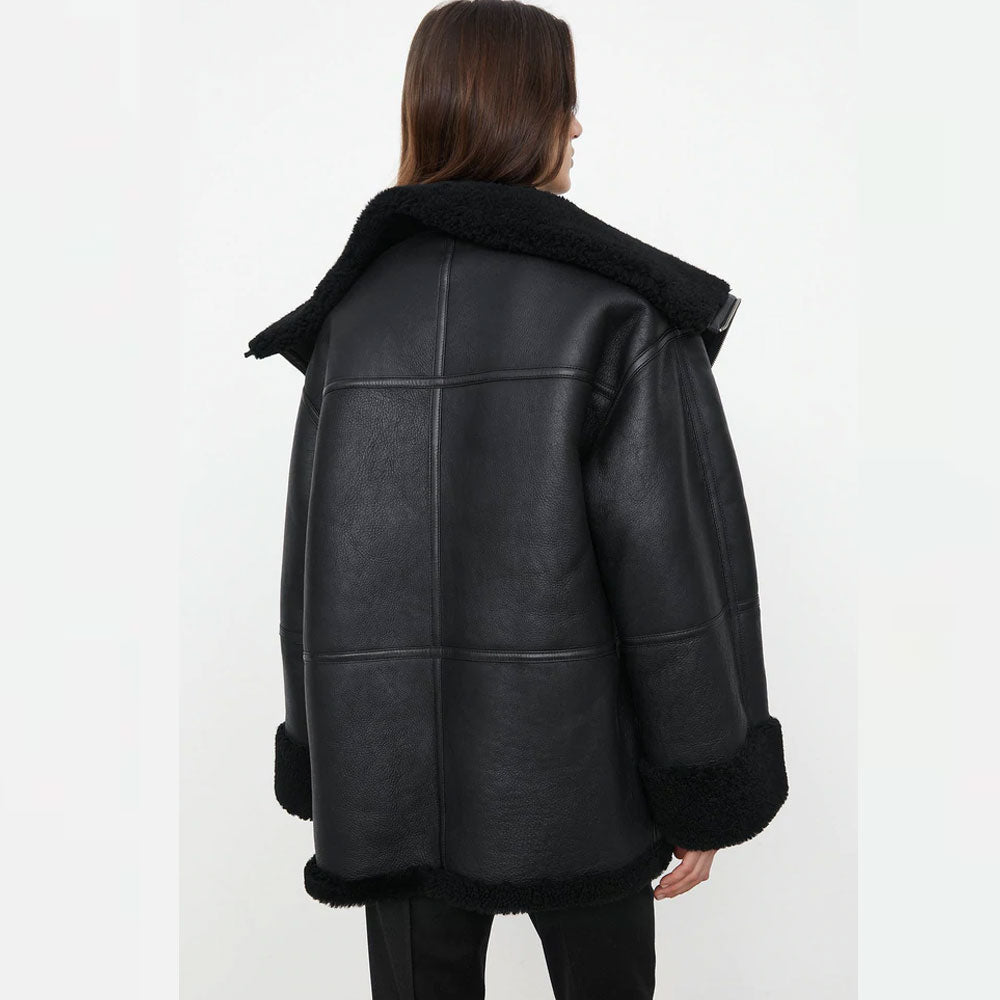 Top Women’s Black Leather Black Shearling Coat Aviator Jacket