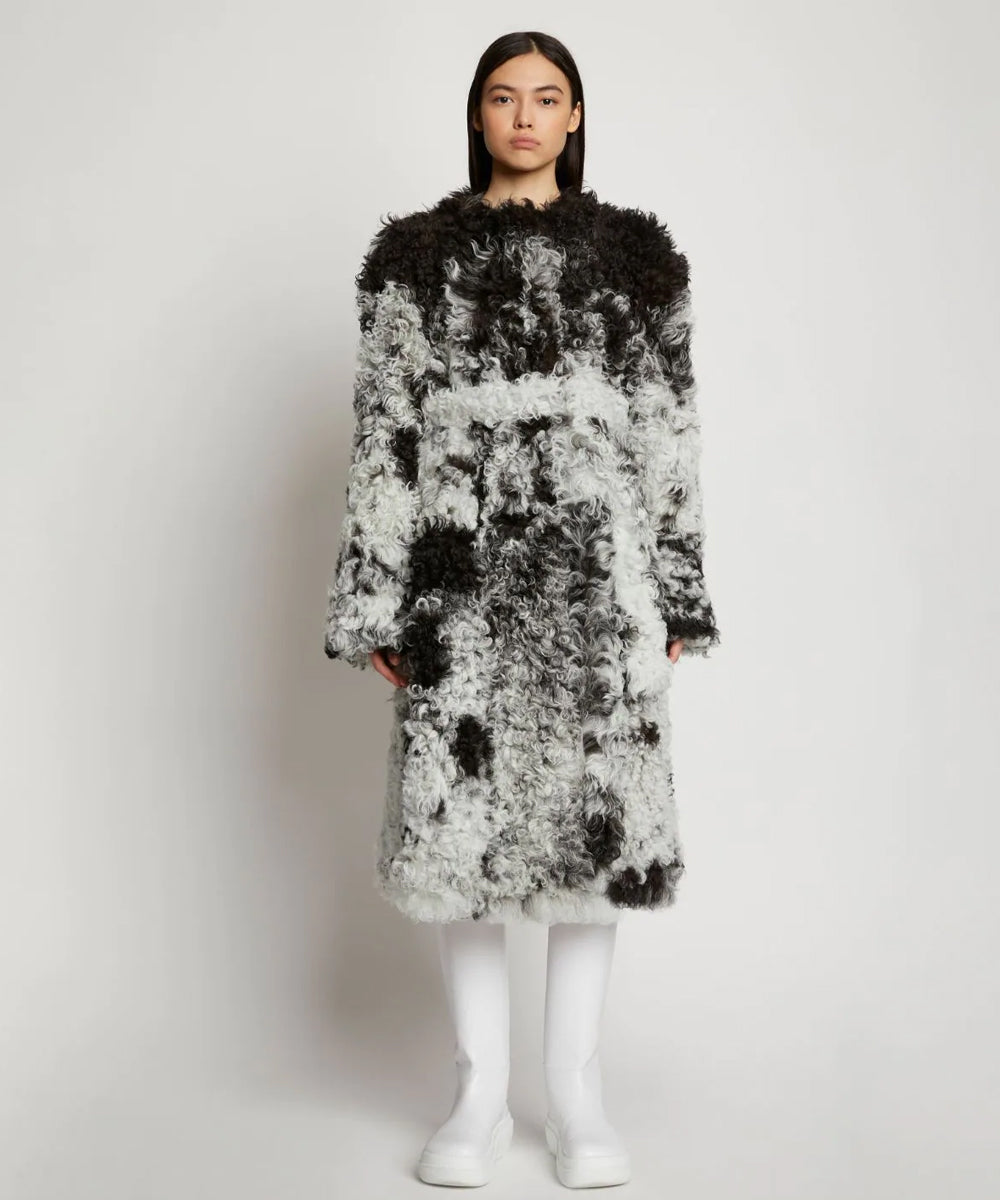Womens Black & White Fur Shearling Long Coat