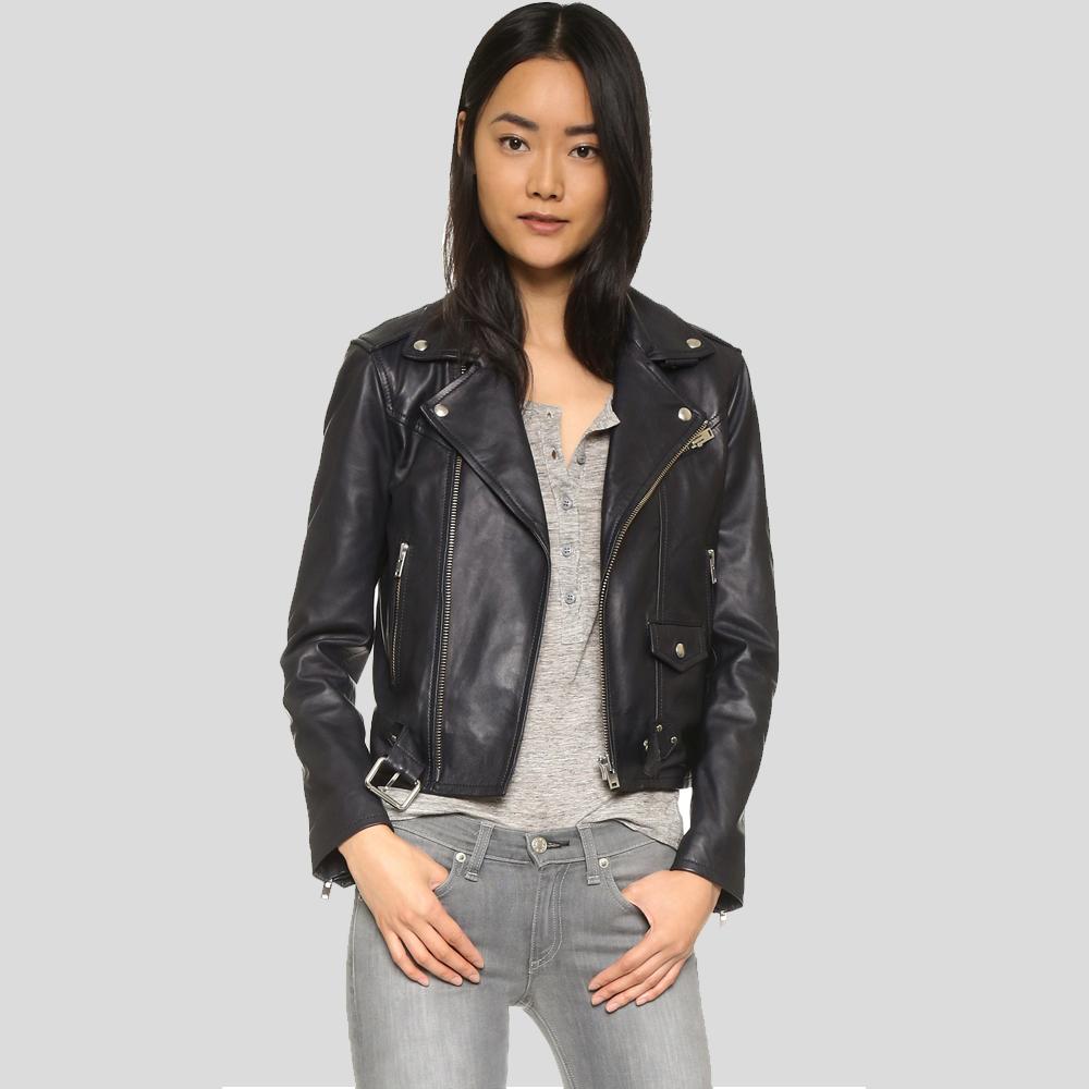 Zora Black Biker Leather Jacket - Shearling leather