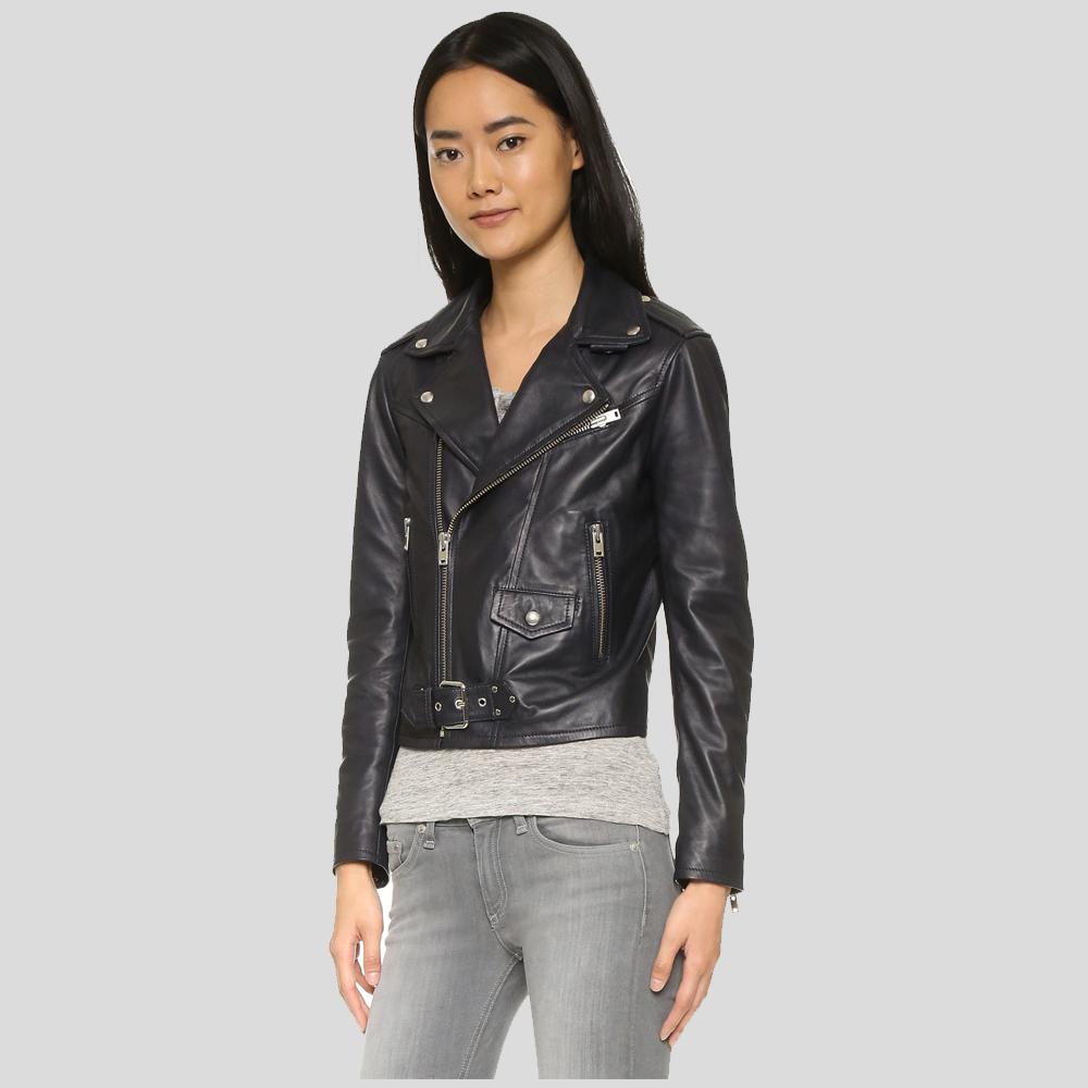 Zora Black Biker Leather Jacket - Shearling leather
