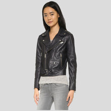 Load image into Gallery viewer, Zora Black Biker Leather Jacket - Shearling leather
