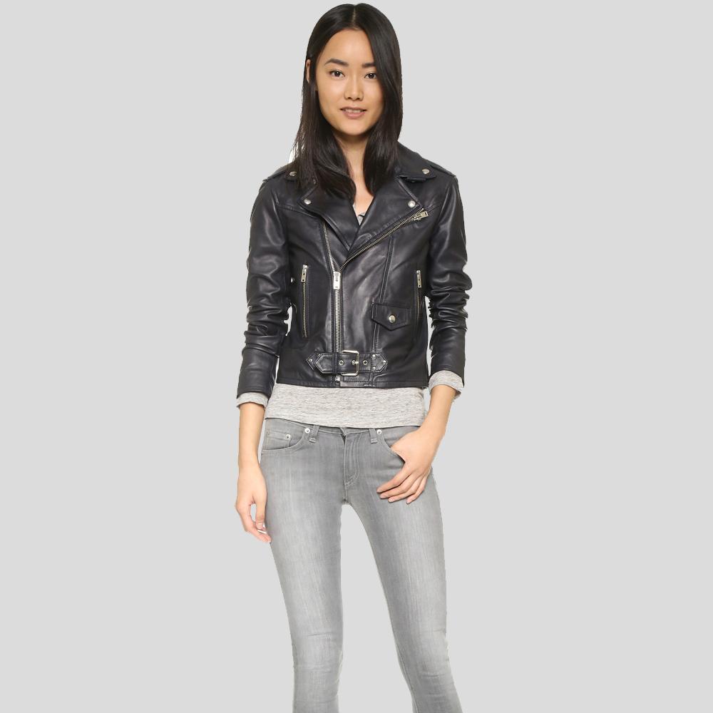 Zora Black Biker Leather Jacket - Shearling leather