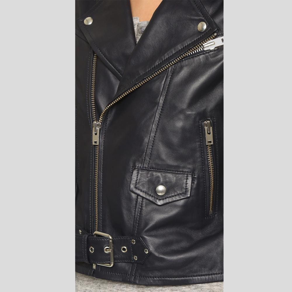 Zora Black Biker Leather Jacket - Shearling leather