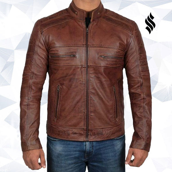 Mens Cognac Brown Motorcycle Distressed Leather Jacket - Shearling leather