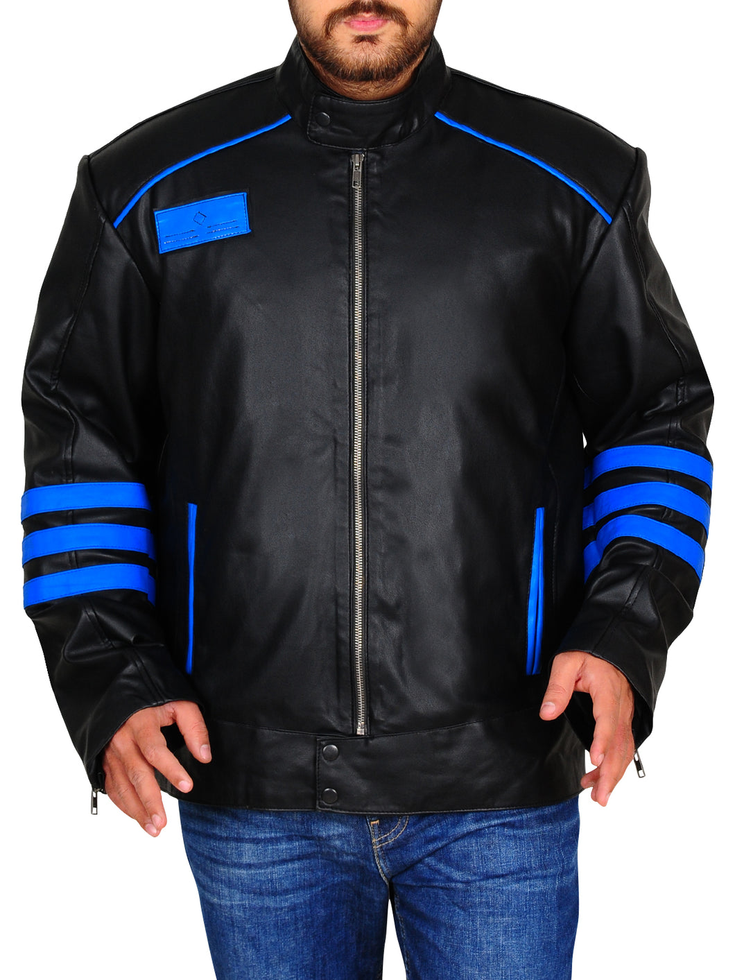 Black & Blue Biker Leather Jacket - Shearling leather
