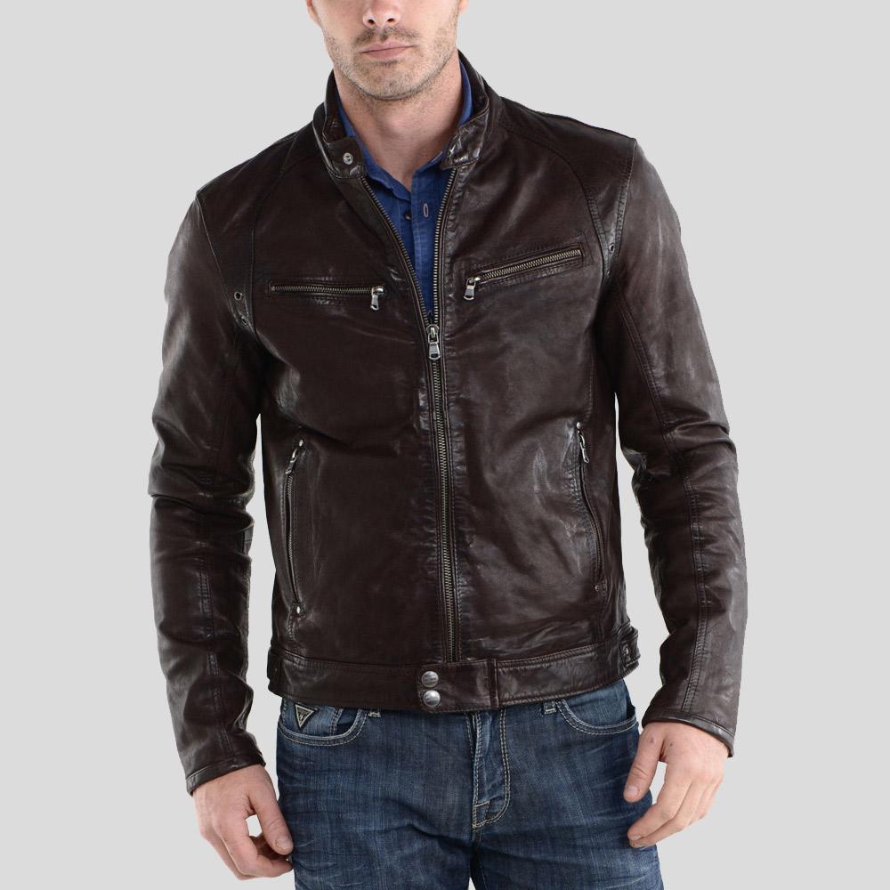 Beau Brown Biker Leather Jacket - Shearling leather
