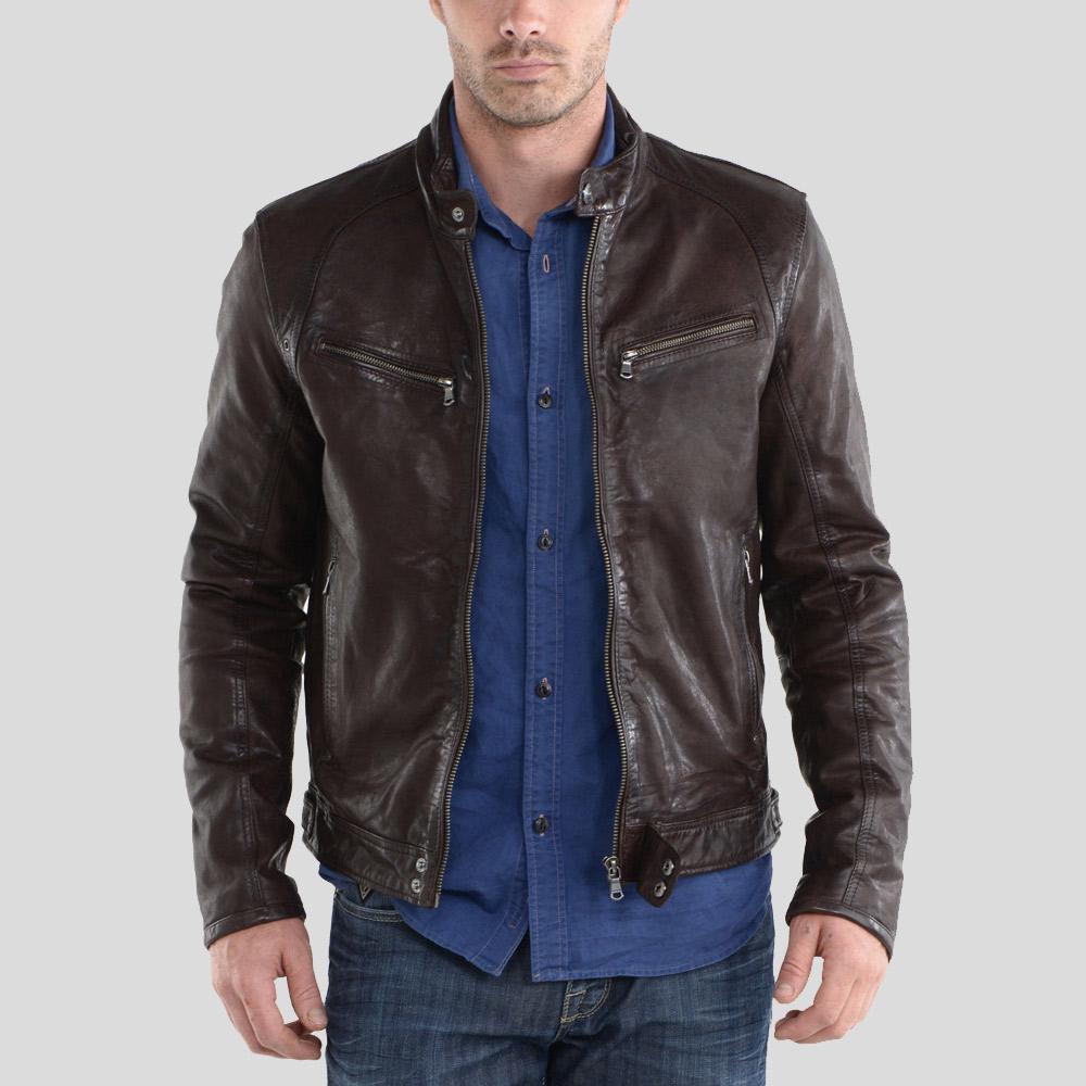 Beau Brown Biker Leather Jacket - Shearling leather