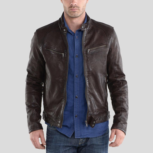 Beau Brown Biker Leather Jacket - Shearling leather