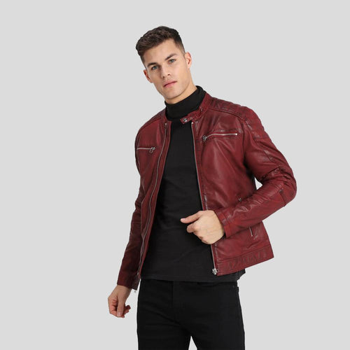 Ben Red Biker Leather Jacket - Shearling leather