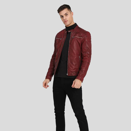 Ben Red Biker Leather Jacket - Shearling leather