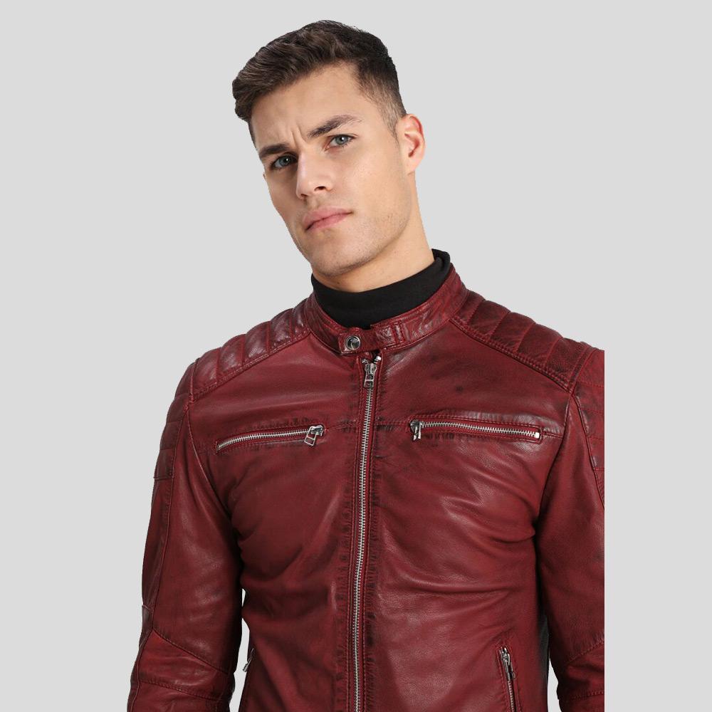 Ben Red Biker Leather Jacket - Shearling leather