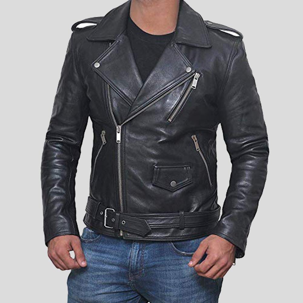 Alec Black Biker Leather Jacket - Shearling leather