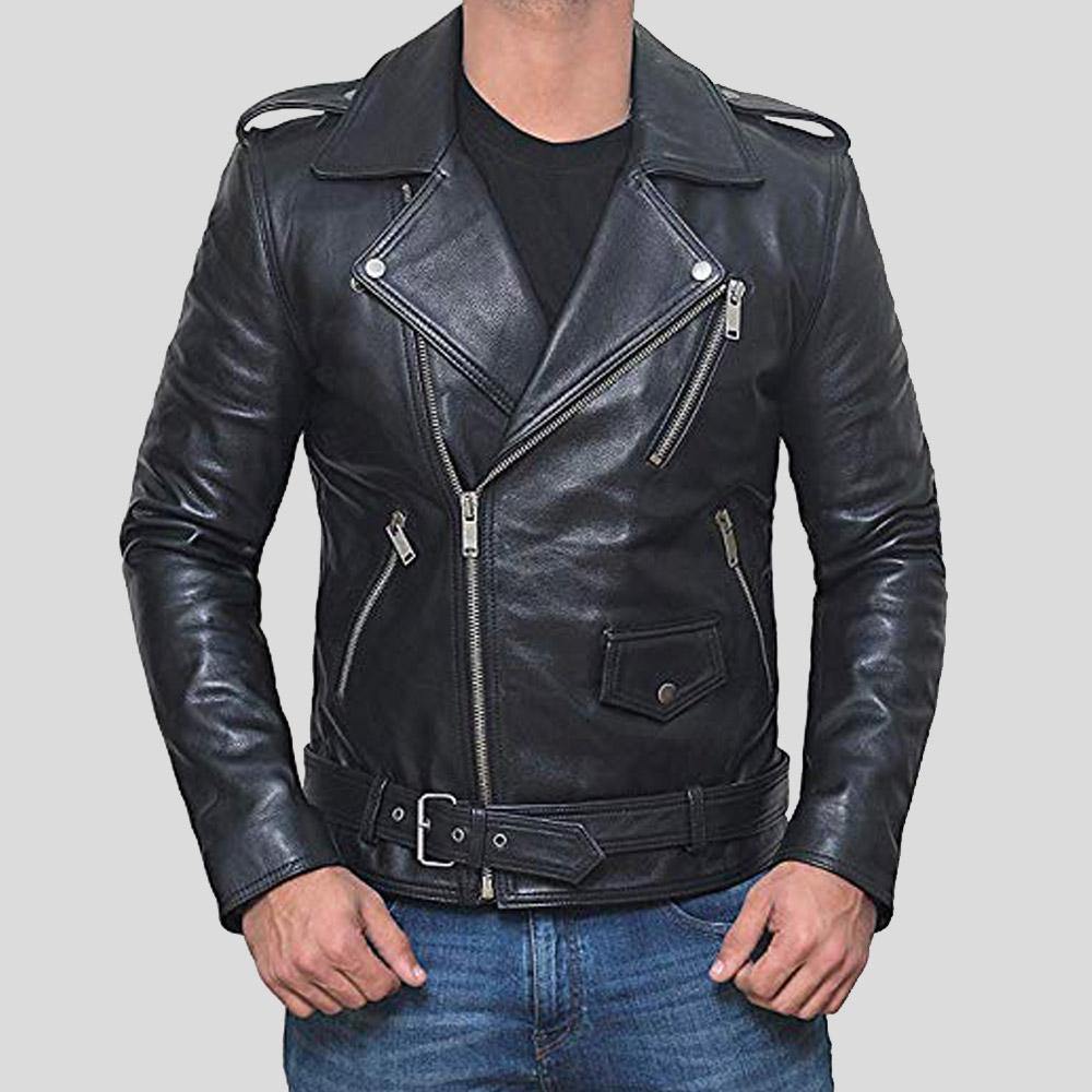 Alec Black Biker Leather Jacket - Shearling leather