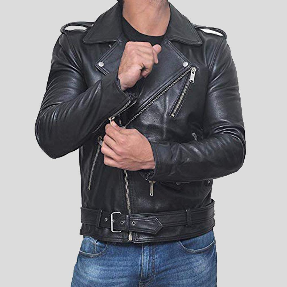 Alec Black Biker Leather Jacket - Shearling leather