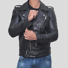 Load image into Gallery viewer, Alec Black Biker Leather Jacket - Shearling leather
