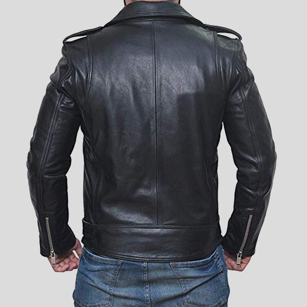 Alec Black Biker Leather Jacket - Shearling leather