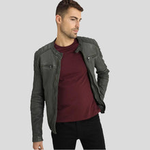Load image into Gallery viewer, Buck Grey Biker Genuine Leather Jacket - Shearling leather
