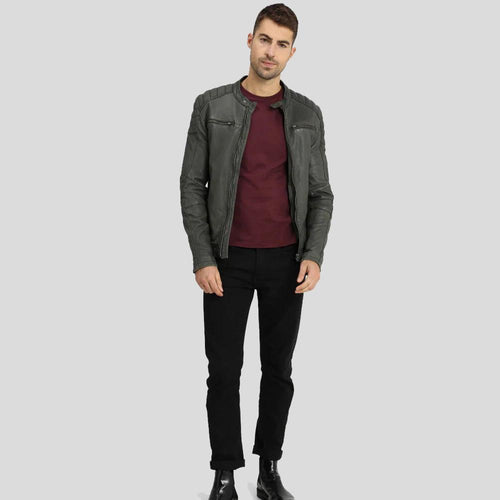Buck Grey Biker Genuine Leather Jacket - Shearling leather