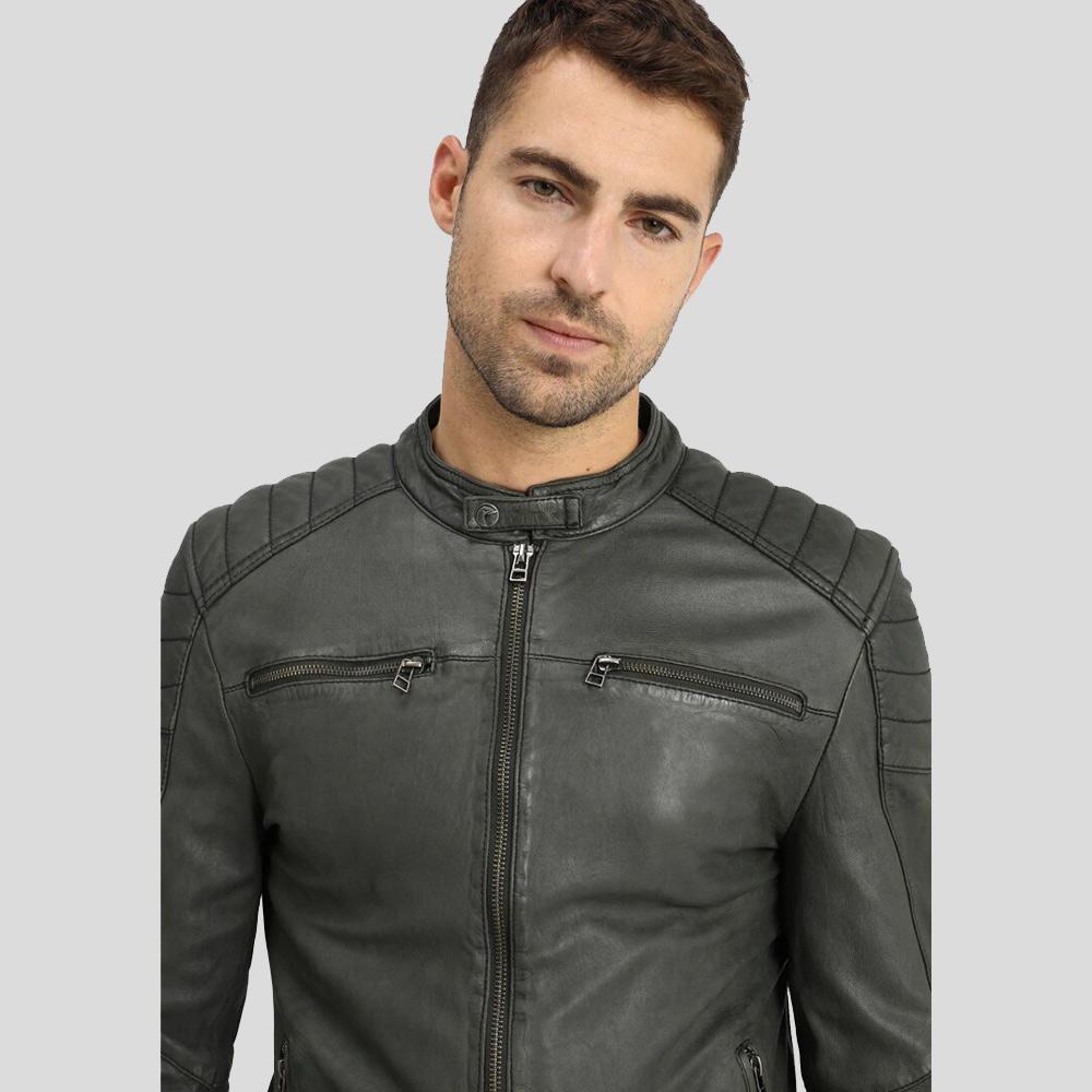 Buck Grey Biker Genuine Leather Jacket - Shearling leather