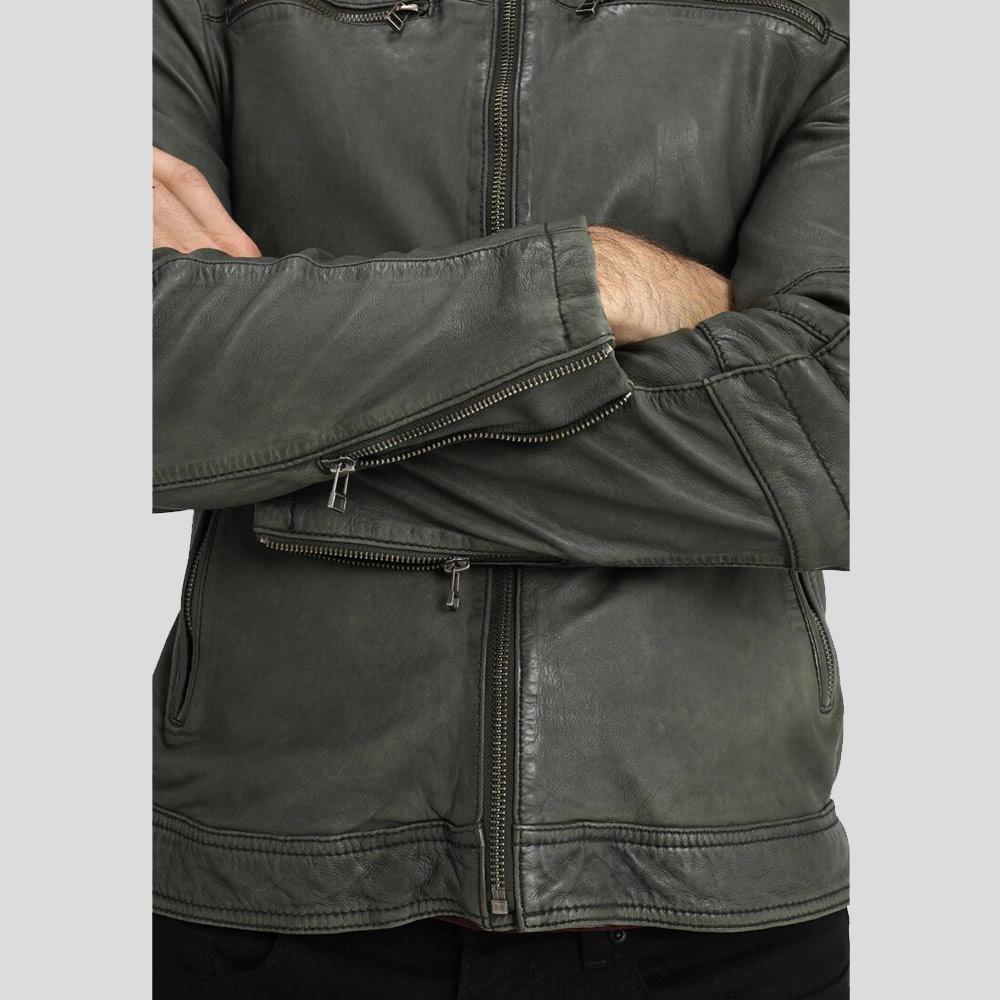 Buck Grey Biker Genuine Leather Jacket - Shearling leather