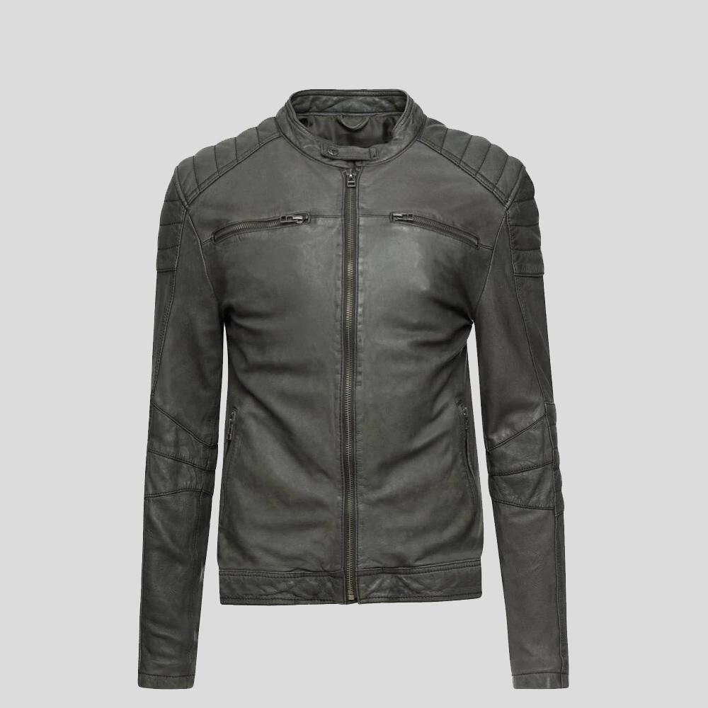 Buck Grey Biker Genuine Leather Jacket - Shearling leather