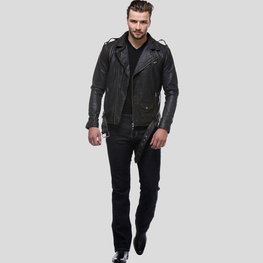 Freddie Black Biker Leather Jacket - Shearling leather