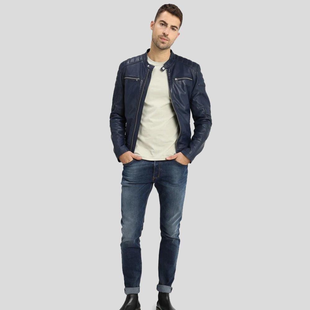 Olin Blue Biker Leather Jacket - Shearling leather